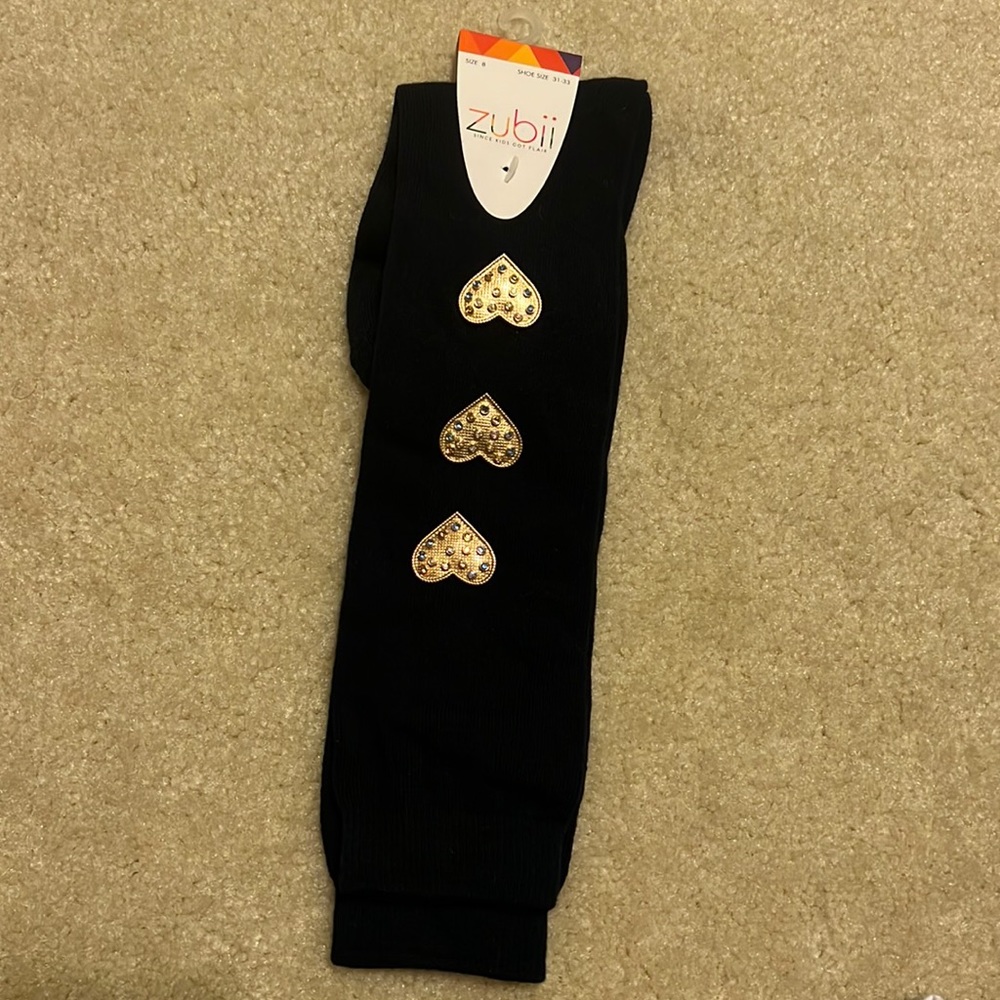 Zubii Embellished Black Socks Gold Hearts with Iridescent Rhinestones Size 8 NWT